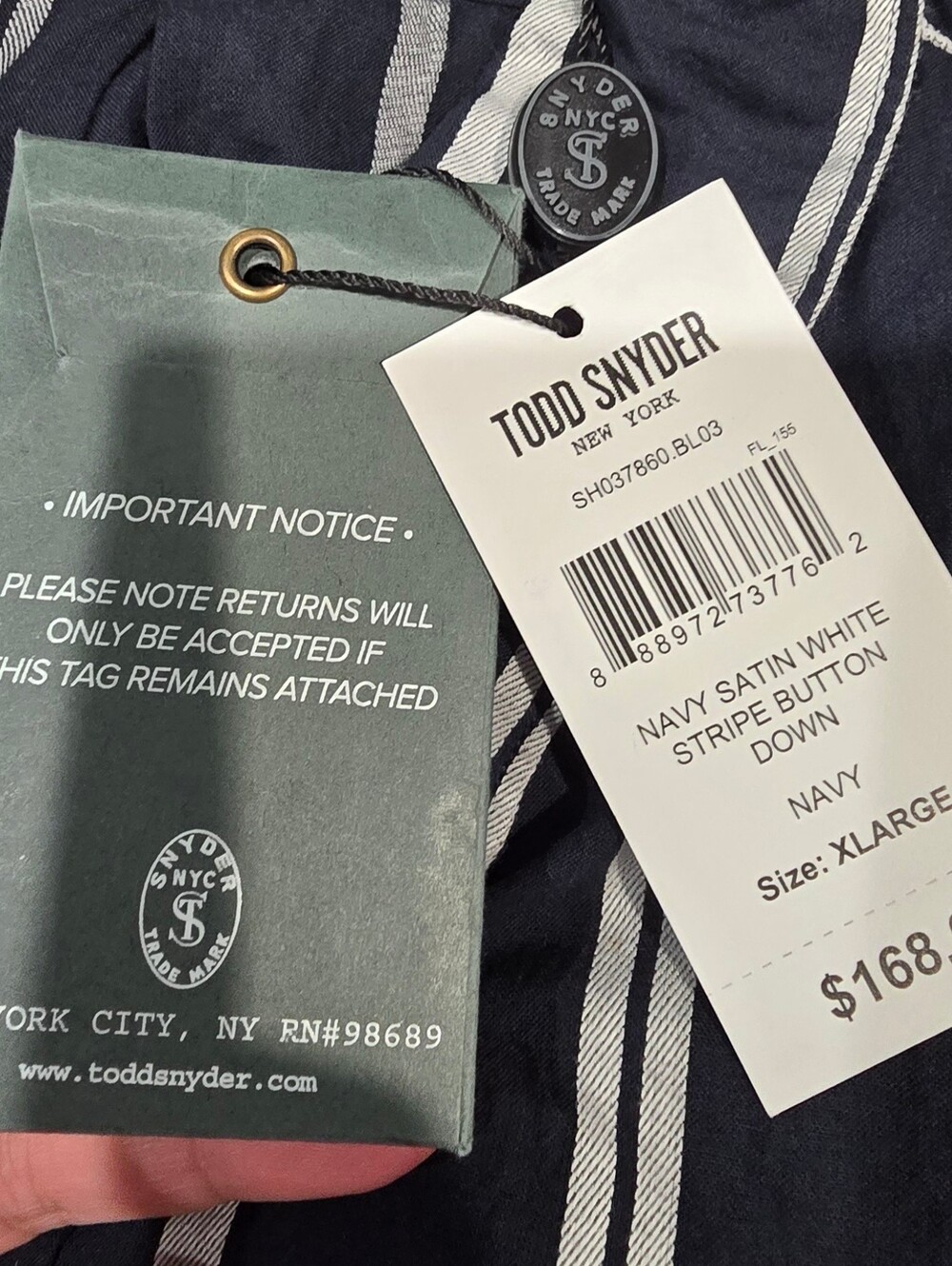 Todd Snyder Navy Satin White Stripe Button Down Size XL - Picture 4 of 8